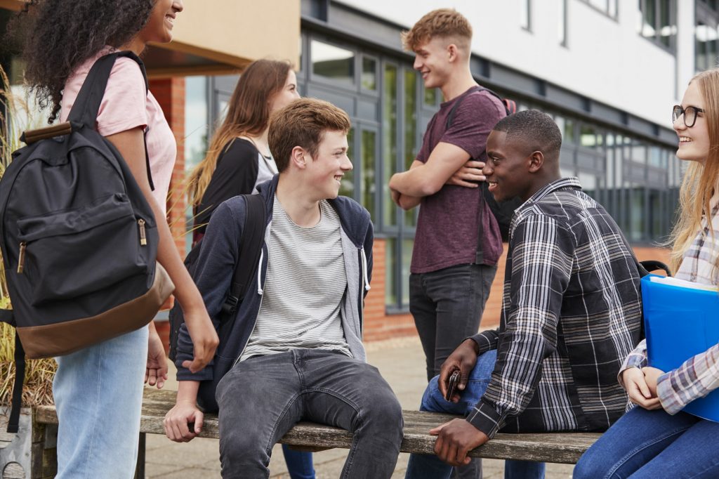 Student Group Socializing Outside College Buildings
